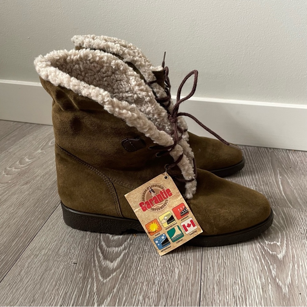90s Vintage Hush Puppies Suede Sherpa Waterproof Boots Olive Green Size 7.5 NWT